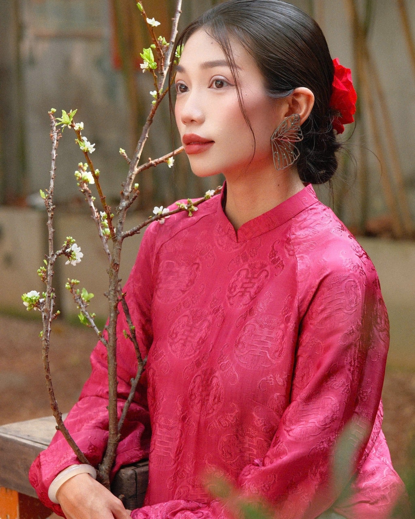 "Loc Tho Ao Dai set in dark pink wormsilk, traditional Vietnamese dress with jacquard pattern"