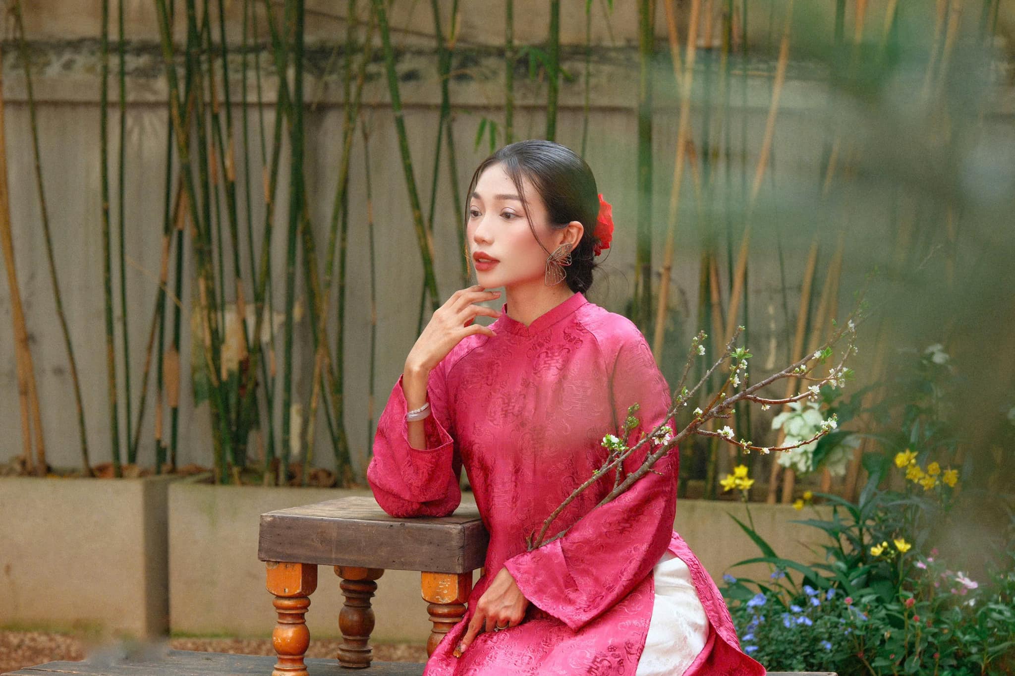"Loc Tho Ao Dai set in dark pink wormsilk, traditional Vietnamese dress by Moc"