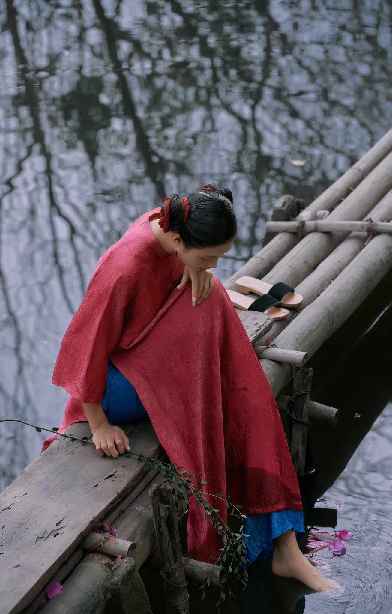 "Loc Tho Ao Dai set in rose pink wormsilk, traditional Vietnamese dress by Moc"