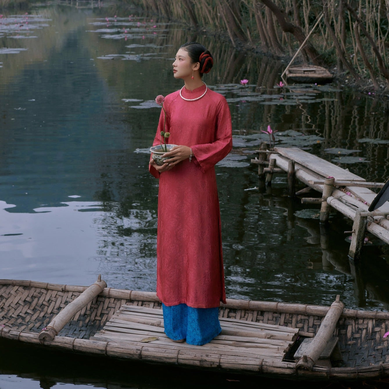 "Loc Tho Ao Dai set in rose pink wormsilk, traditional Vietnamese dress by Moc"