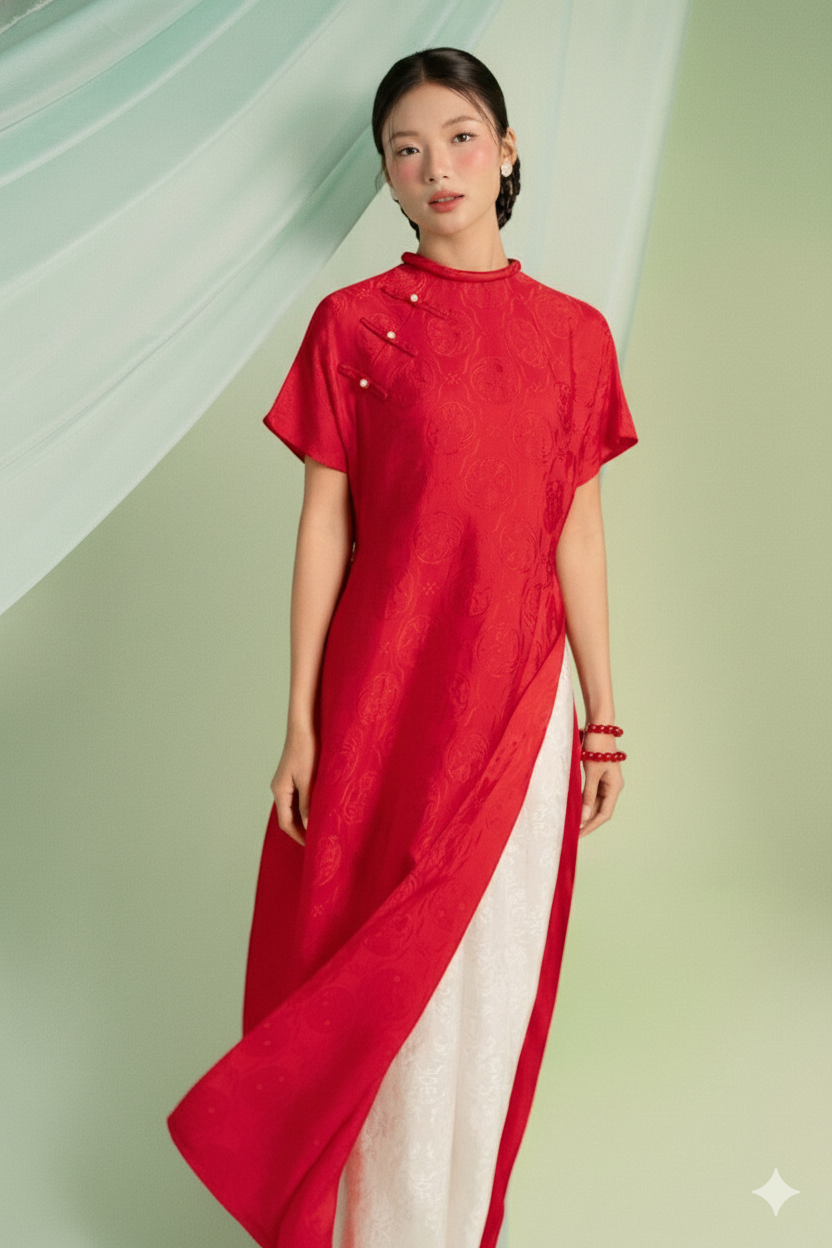 Vietnamese Ao Dai - “Uyen Minh” Ao-dai Set - Short-sleeved Wormsilk Áo Dài Set in Crimson - front view in red by Úpla