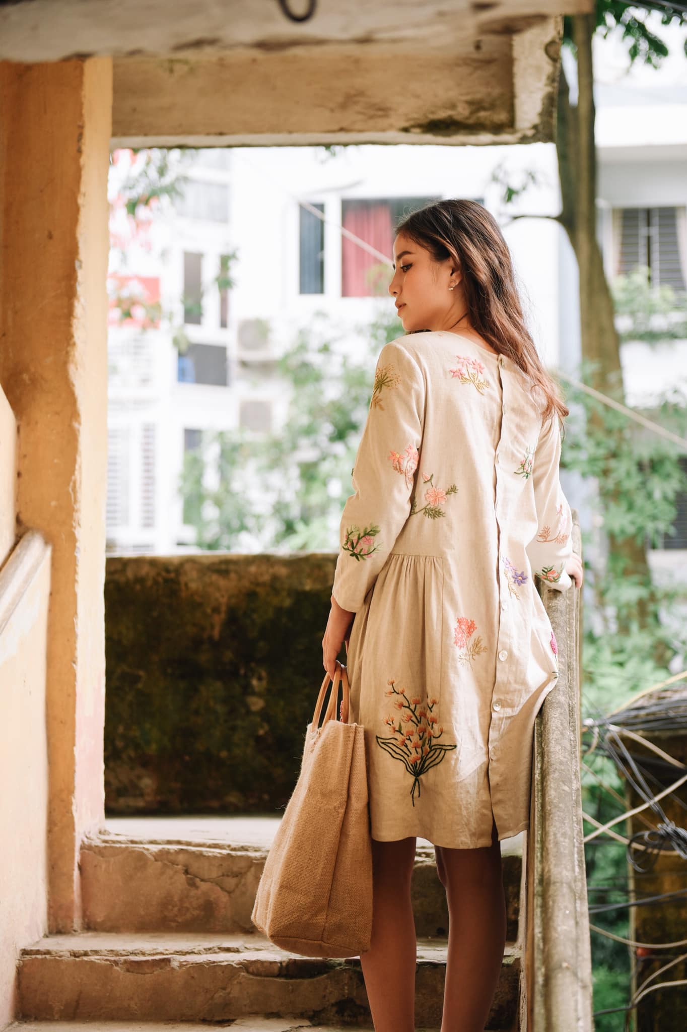 Vietnamese Embroidery - Mimosa - Embroidered Linen dress - back view in beige by Huulala