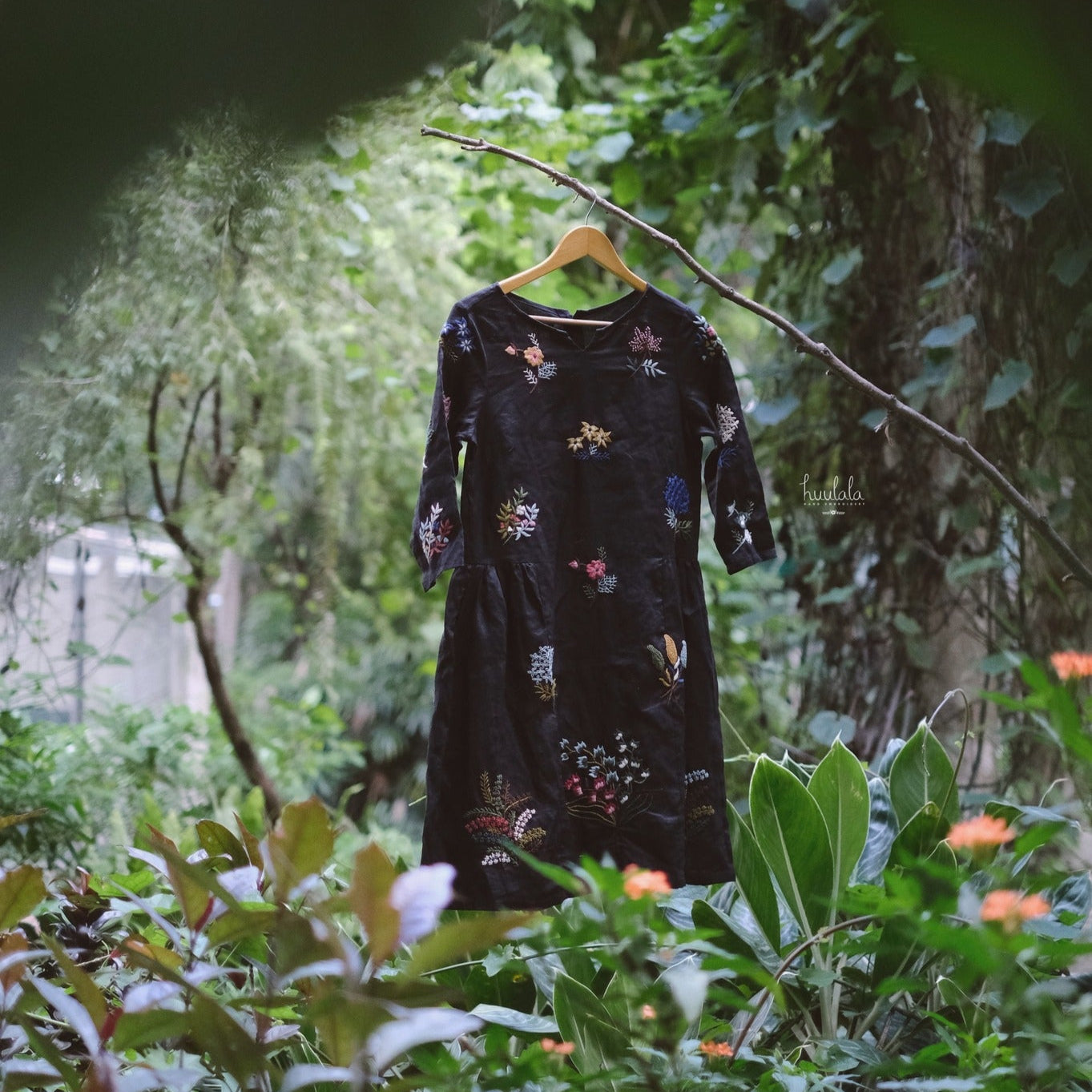 Vietnamese Embroidery - Mimosa - Embroidered Linen dress - styled presentation in velvet in black by Huulala