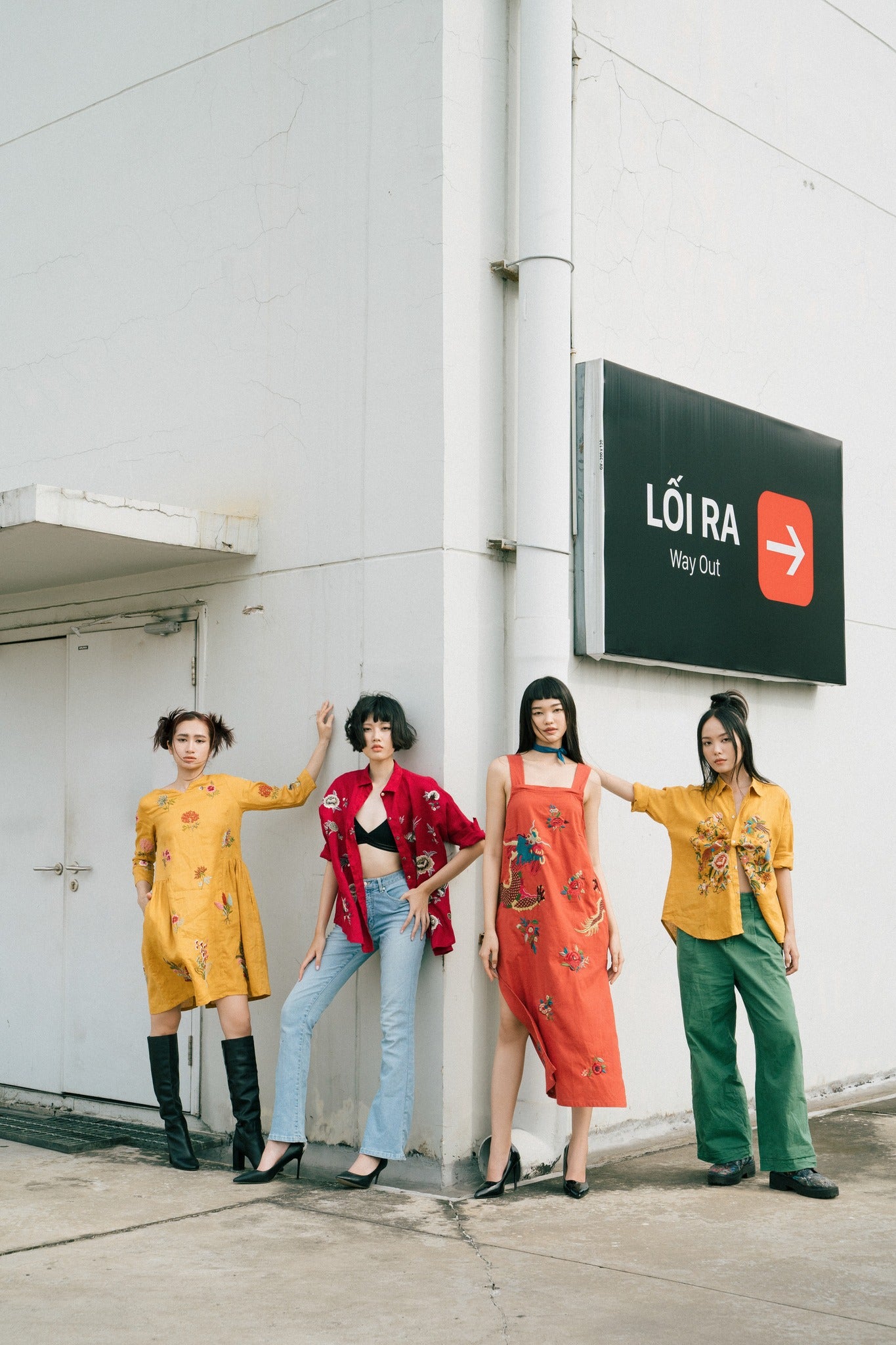 Vietnamese Embroidery - “Phoenix Aria” Embroidered Linen Dress - styled presentation in yellow,red,green by Huulala