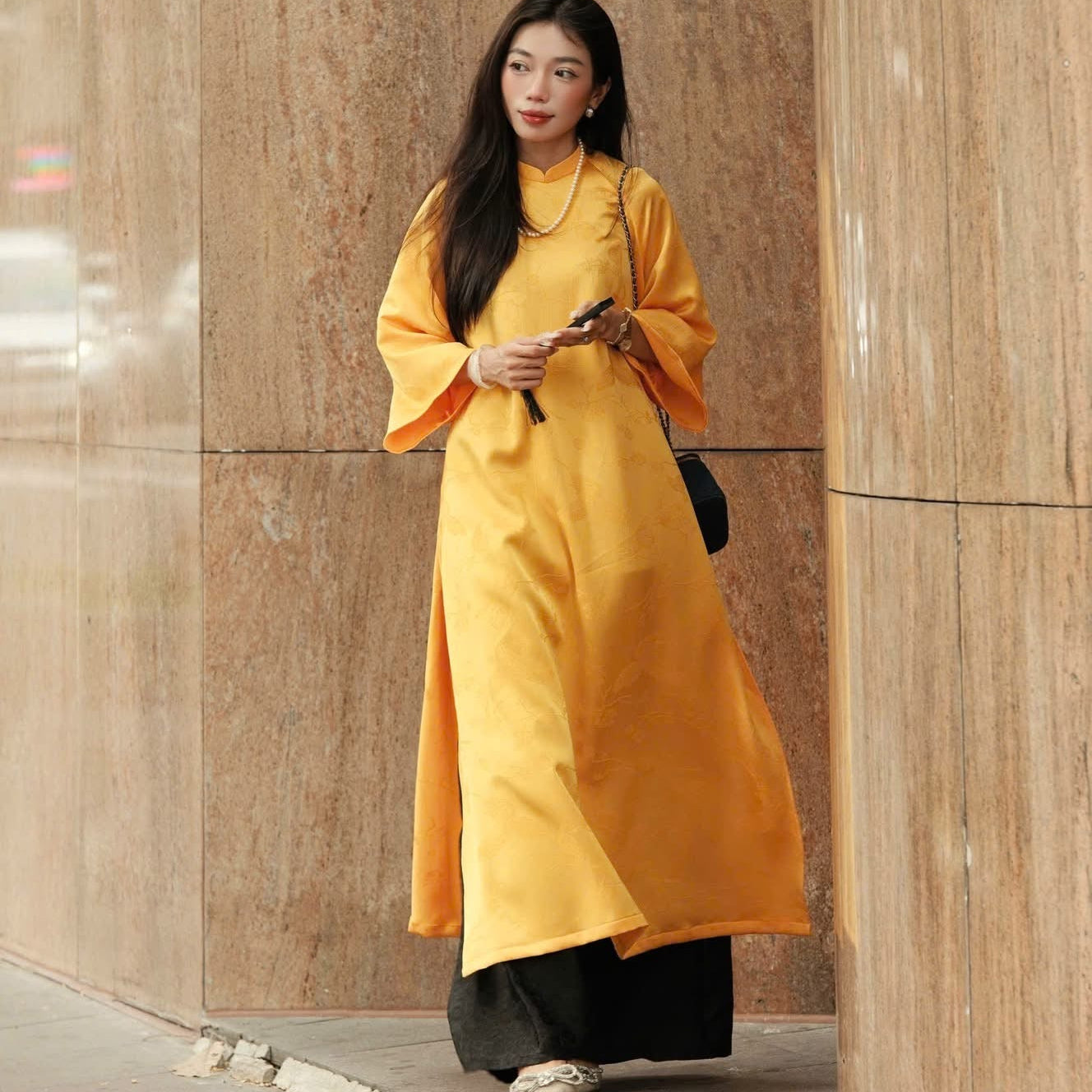 Moc Cam Vang Premium Ao Dai set - Jaquard Silk in Yellow with Peacock Wormsilk Pants [Modern cut] - front view by Moc