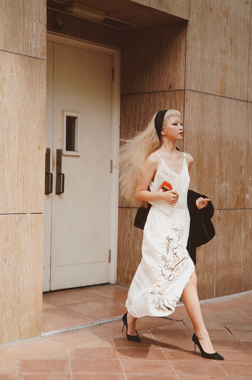 "Morning Dew" - Red silk embroidered V-neck dress with floral pattern, Vietnamese artisan design by Huulala.