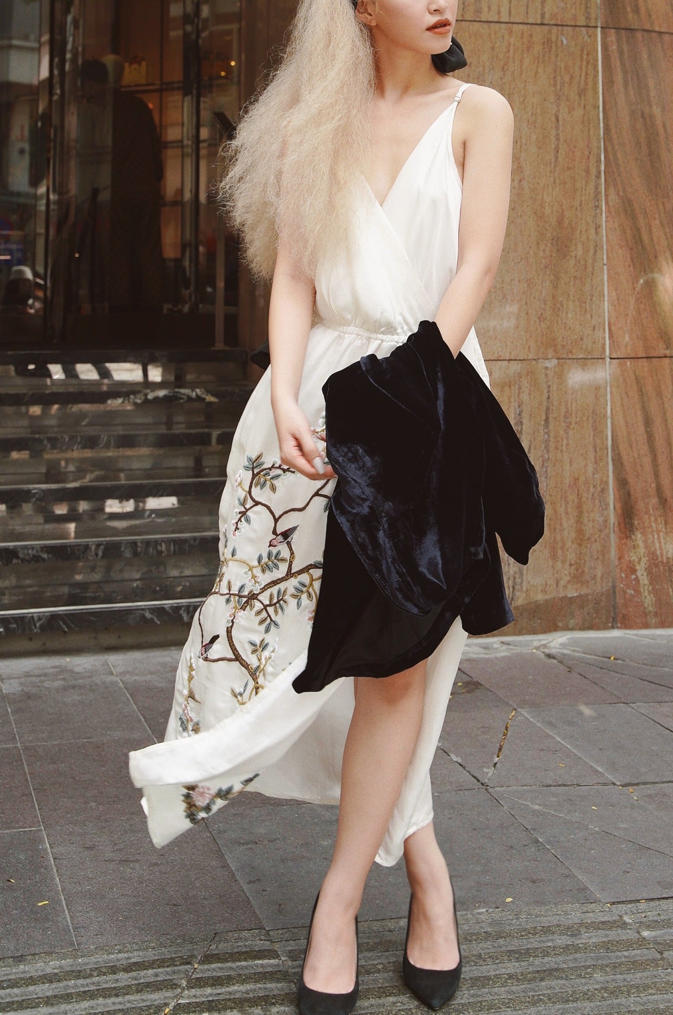 Vietnamese Embroidery - Morning Dew - Embroidered V-neck Silk Dress - side profile in white by Huulala