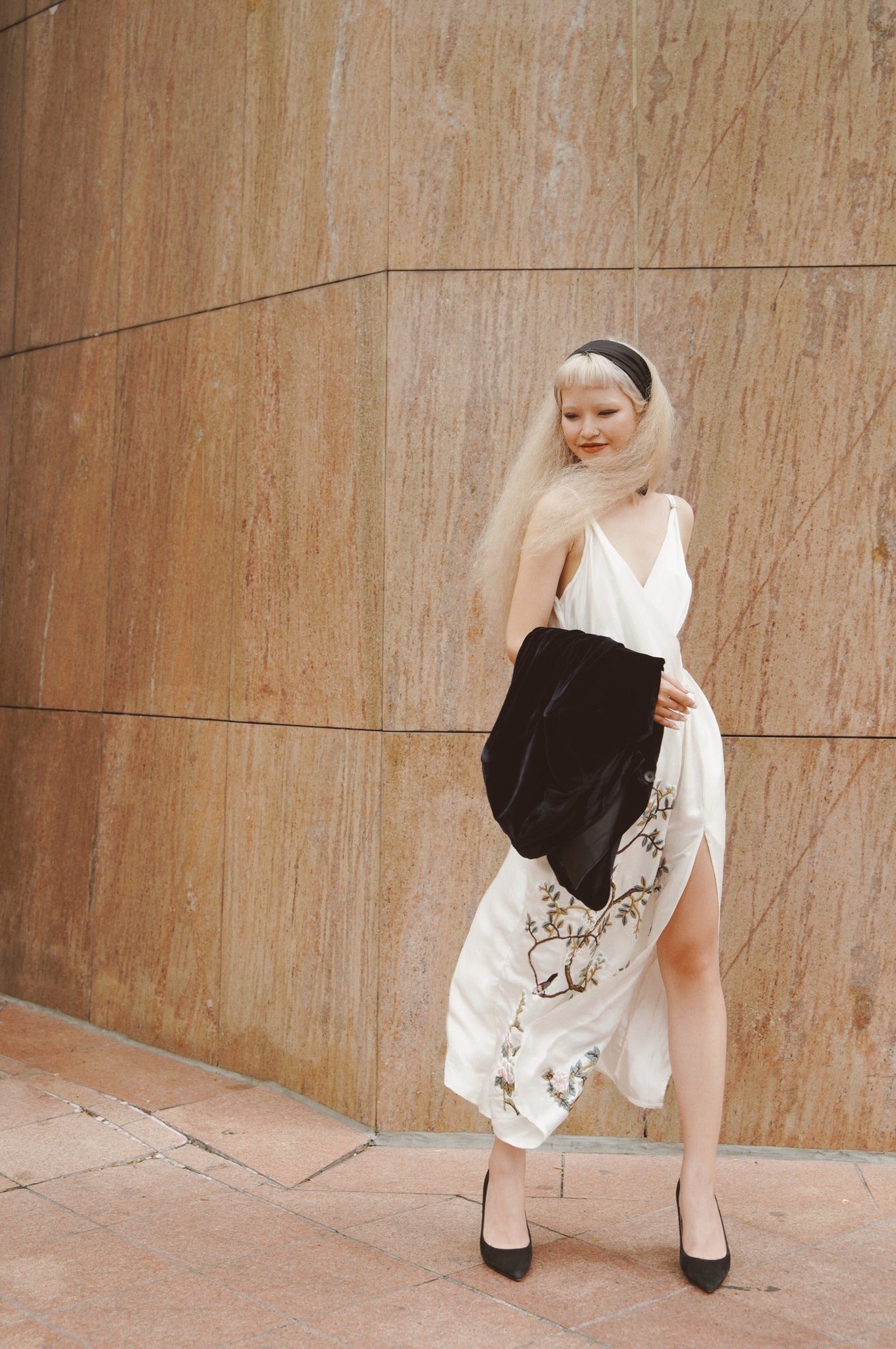 "Morning Dew" Embroidered V-neck Silk Dress by Huulala, featuring red floral patterns, artisan Vietnamese design.