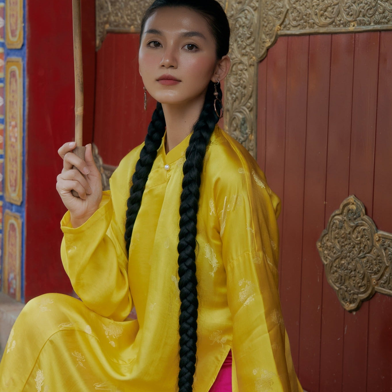 Vietnamese Ao Dai - Ngu Than Ao Dai set - Silkworm Silk in Yellow [Traditional cut] - front view in yellow by Moc