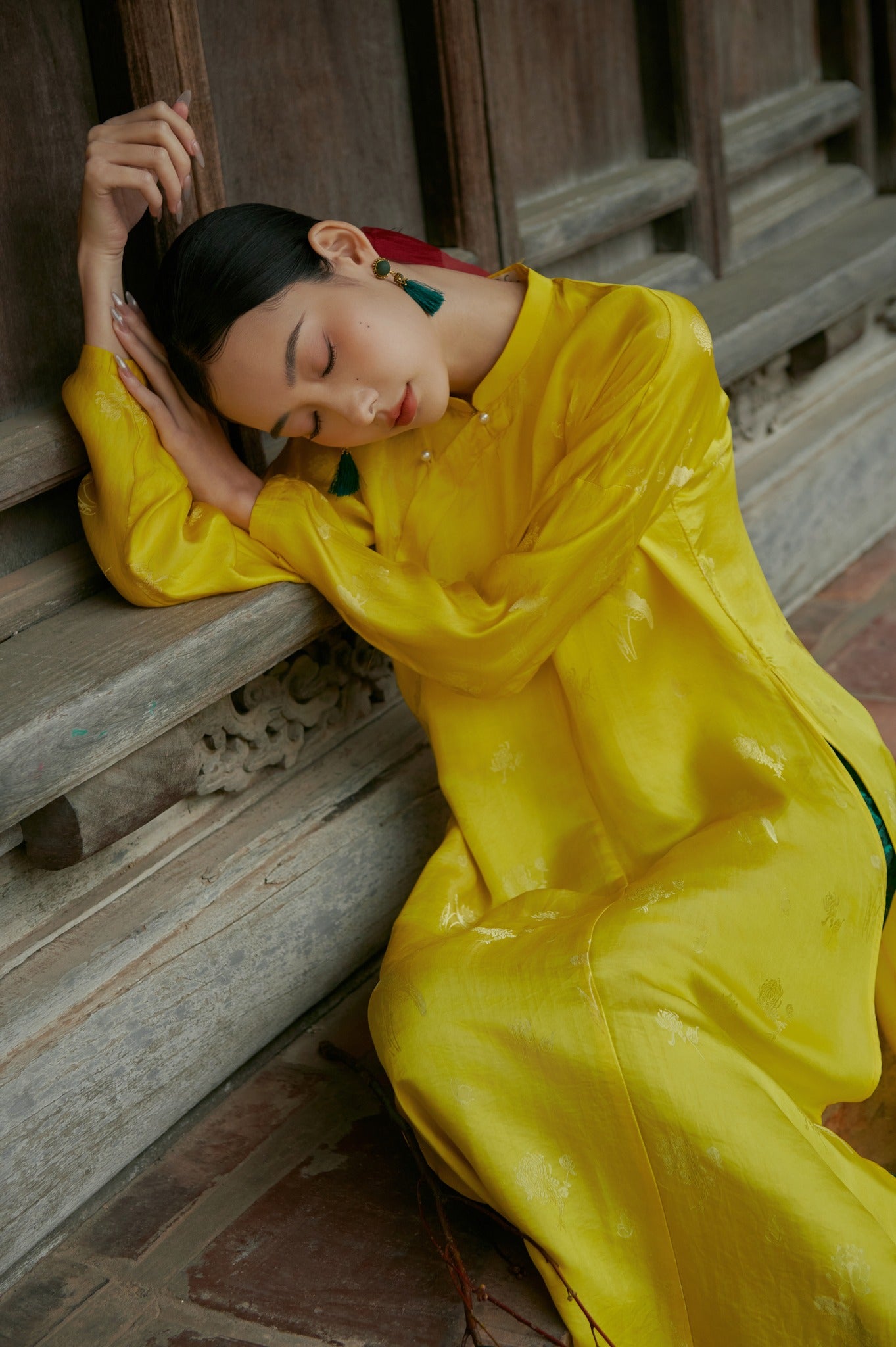 "Traditional Vietnamese Ao Dai in yellow silkworm silk, artisan woven, by Moc"