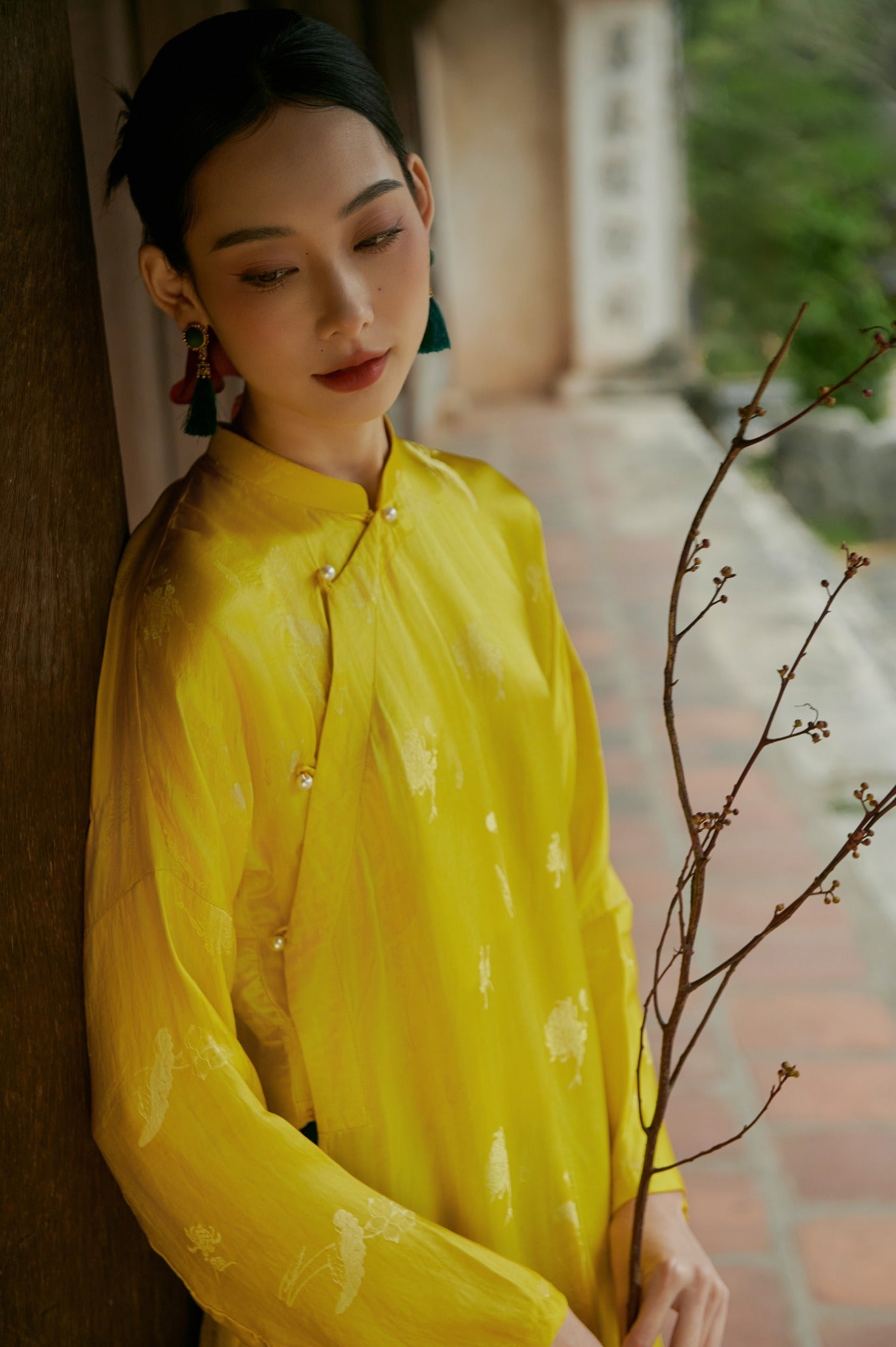 Vietnamese Ao Dai - Ngu Than Ao Dai set - Silkworm Silk in Yellow [Traditional cut] - front view in yellow by Moc