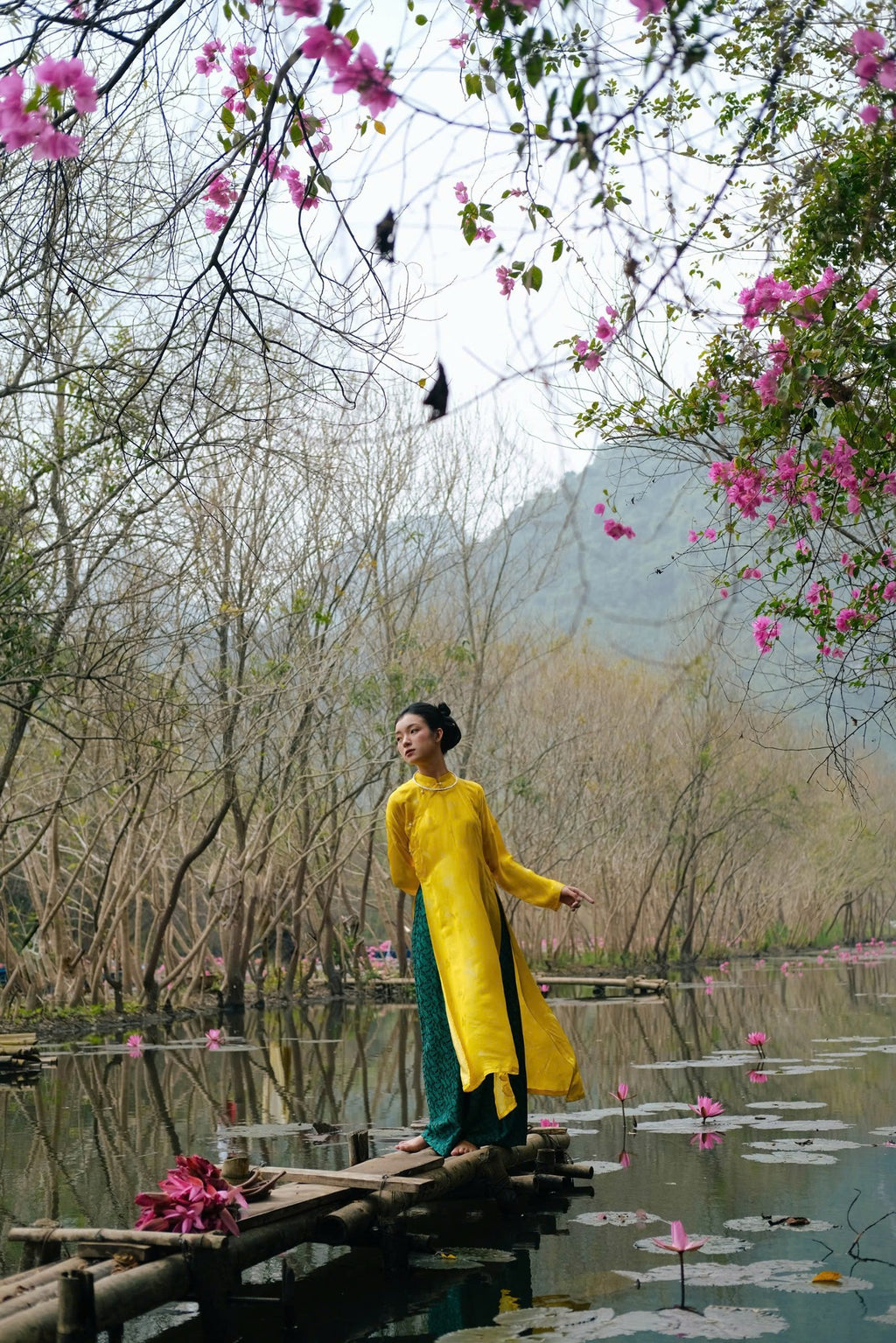 "Ngu Than" Ao Dai set - Silkworm Silk in Yellow