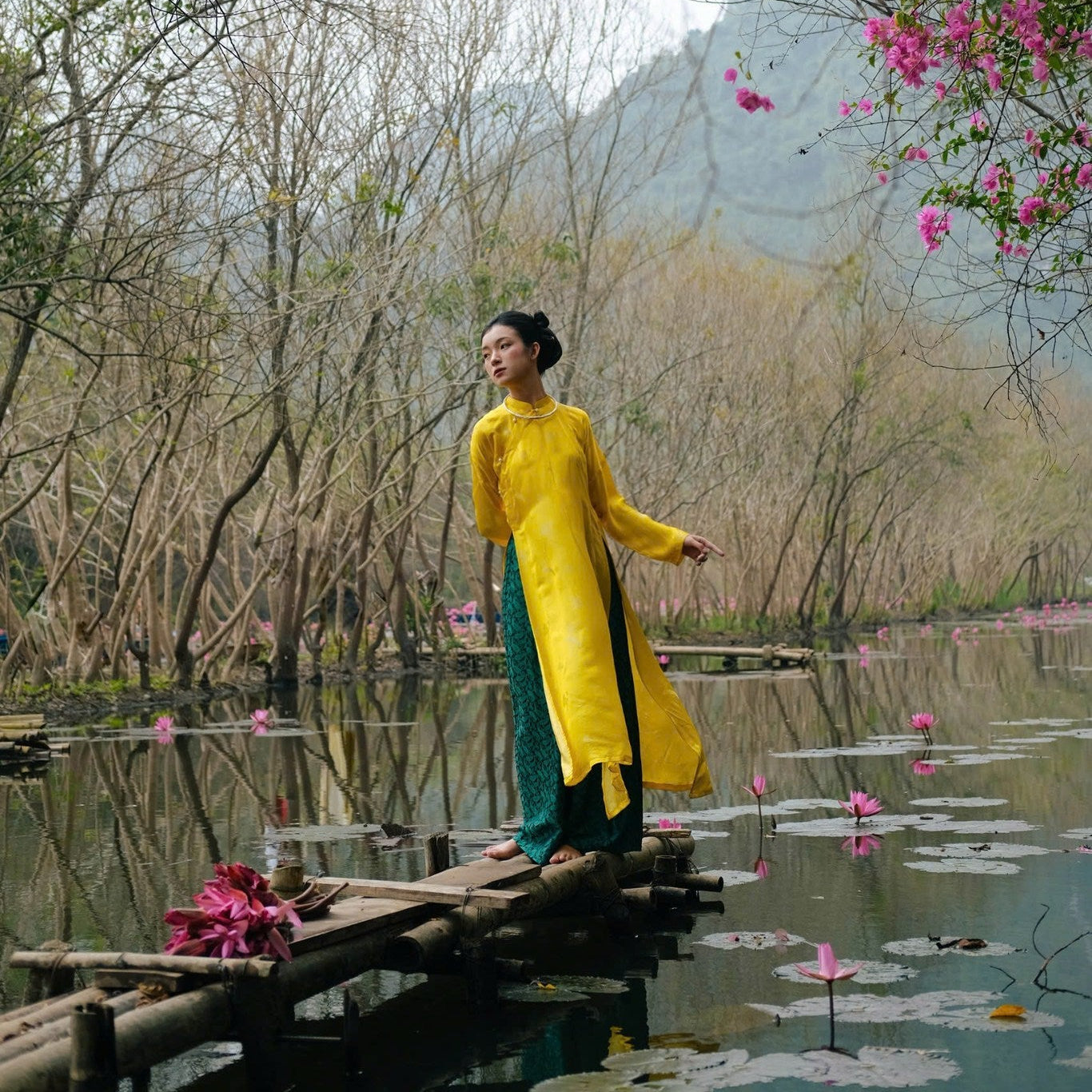 Vietnamese Ao Dai - Ngu Than Ao Dai set - Silkworm Silk in Yellow [Traditional cut] - styled presentation in yellow by Moc