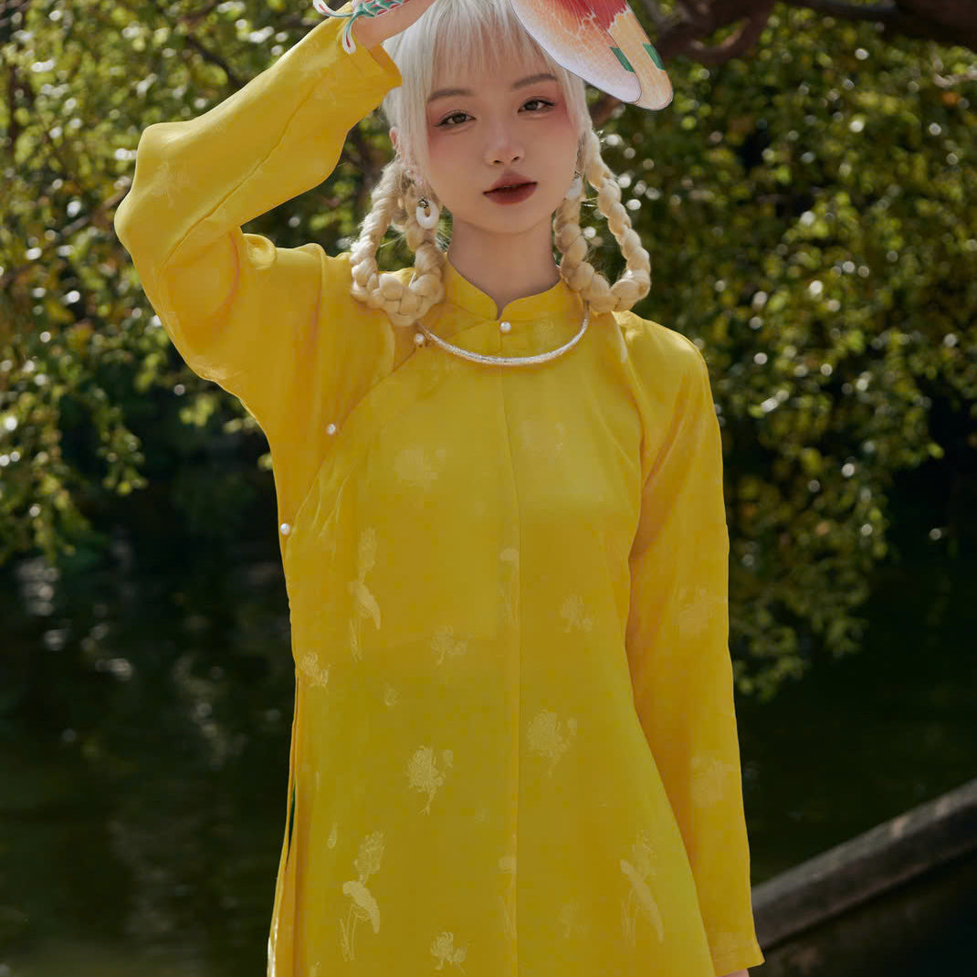 Vietnamese Ao Dai - Ngu Than Ao Dai set - Silkworm Silk in Yellow [Traditional cut] - front view in yellow by Moc