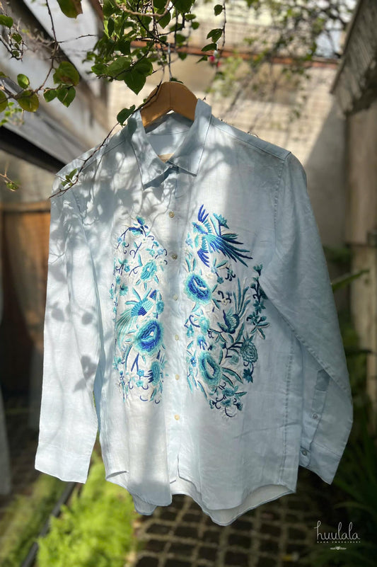 "Zoya" - Embroidered Linen shirt - light blue with embroidery in Blue shade