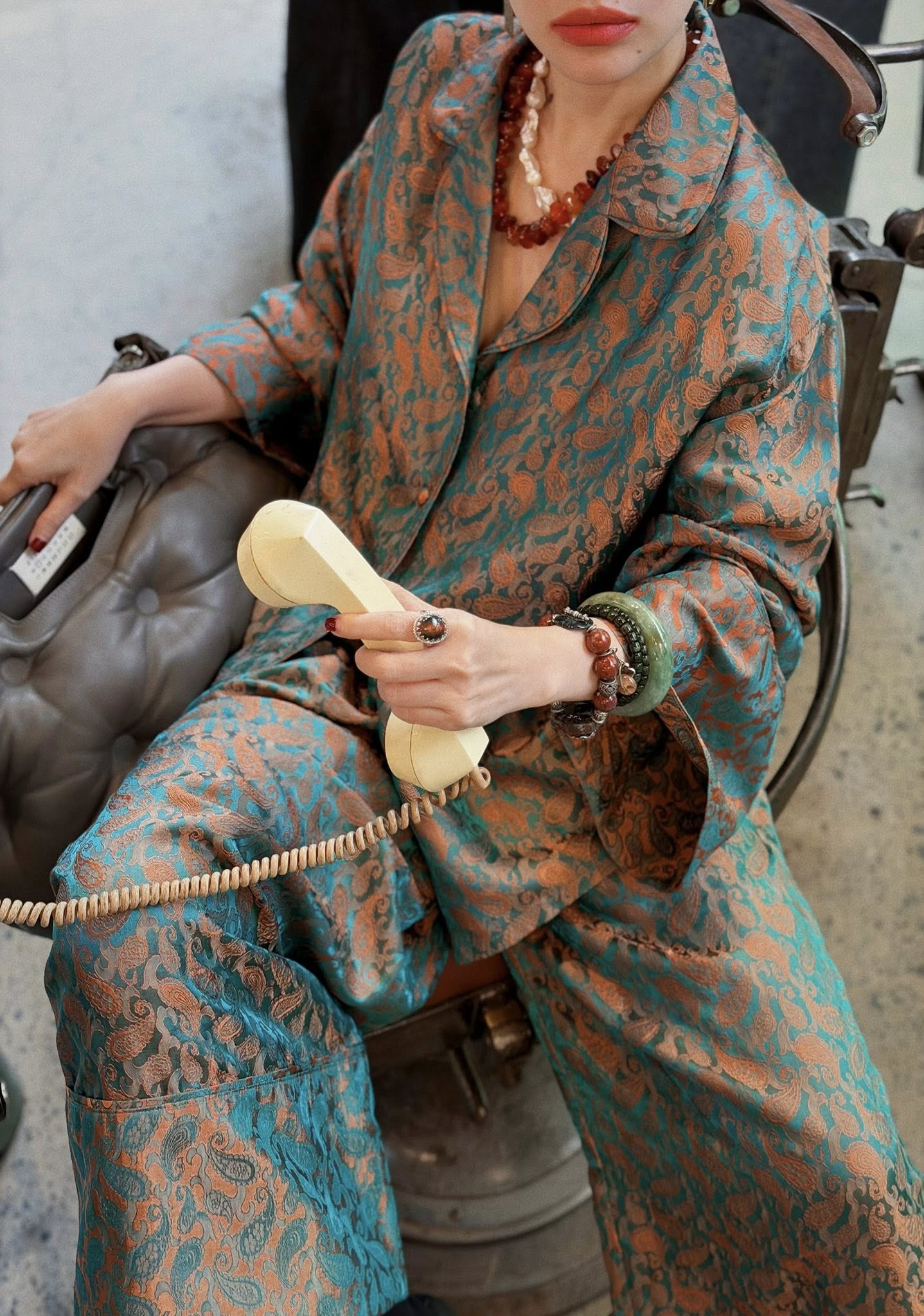 “Nomad Silk” Suit Pajamas – Wormsilk in Jade-green/Copper