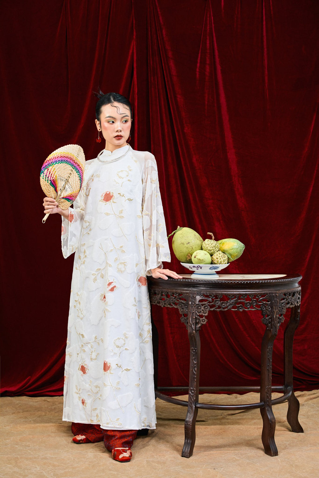 "Tinh Thi - Embroidered Sheer Chiffon Áo Dài in Blush Coral, Vietnamese silk dress with floral pattern"