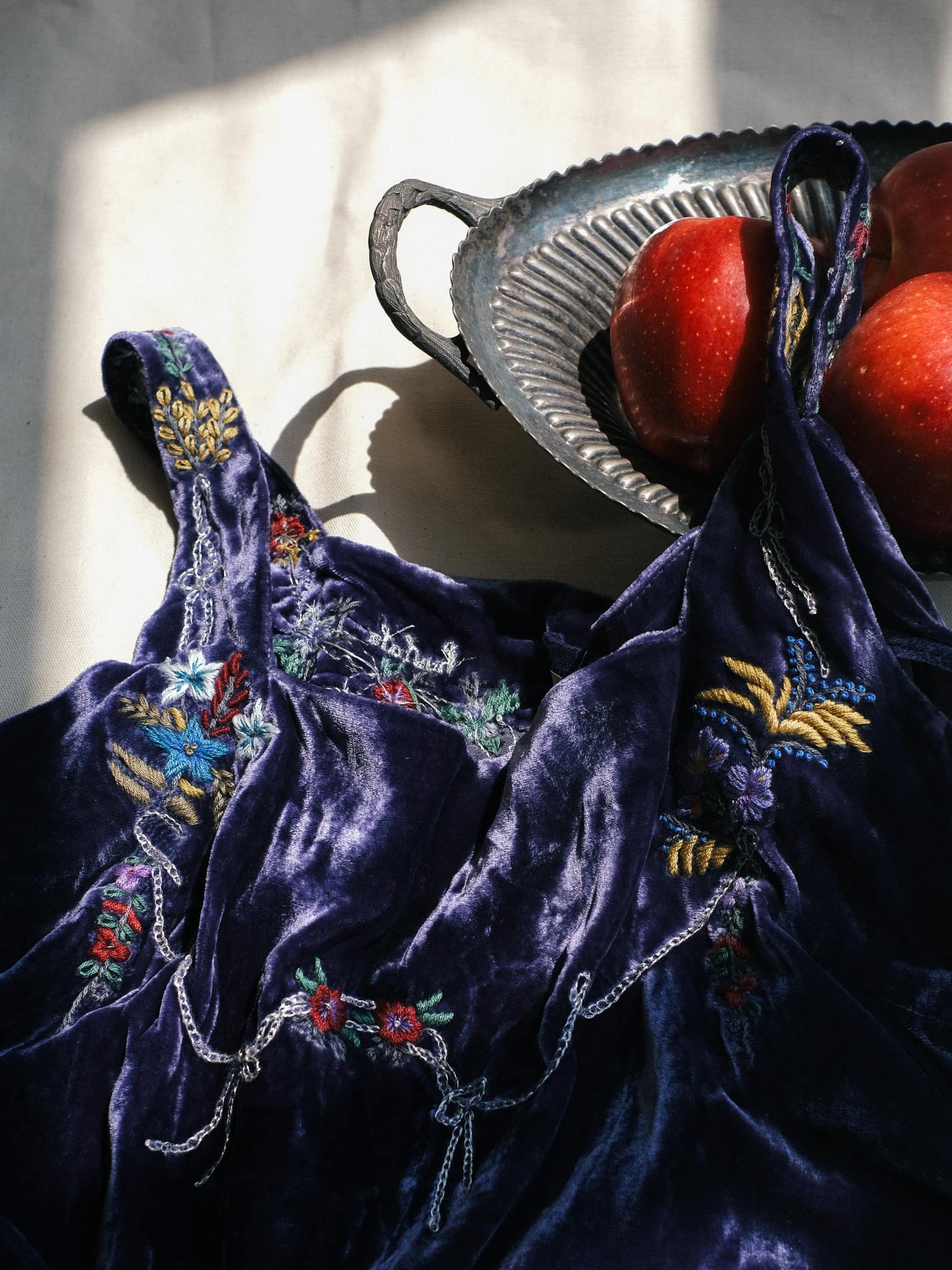 Vietnamese Embroidery - Dusk - Embroidered Suede tank top - detail close-up in velvet in dark blue by Huulala