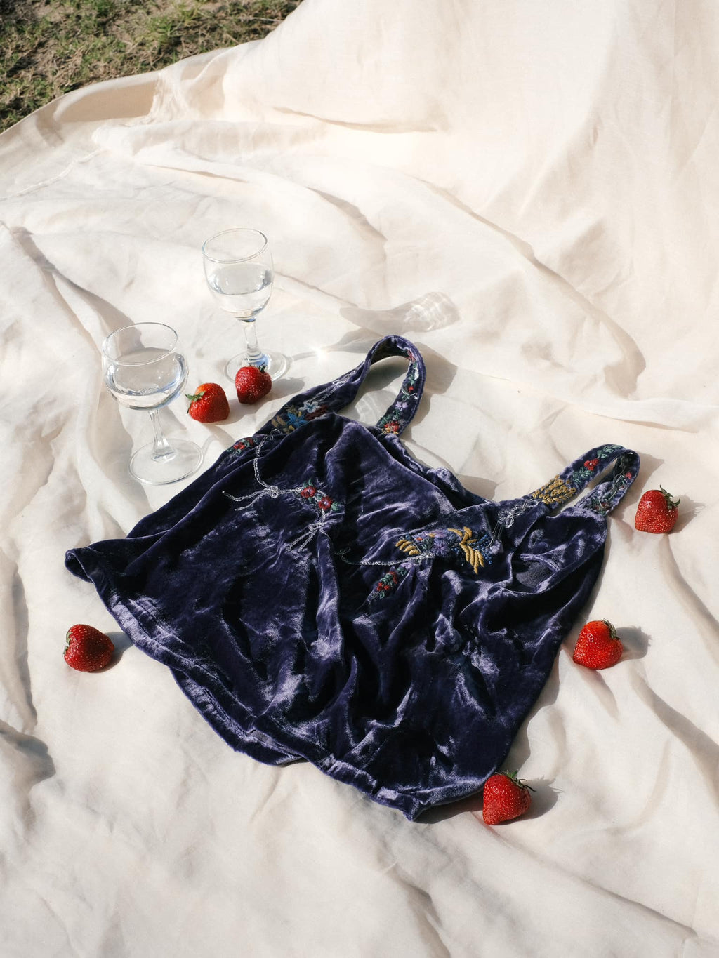 "Dusk" - Embroidered Suede tank top in Blue