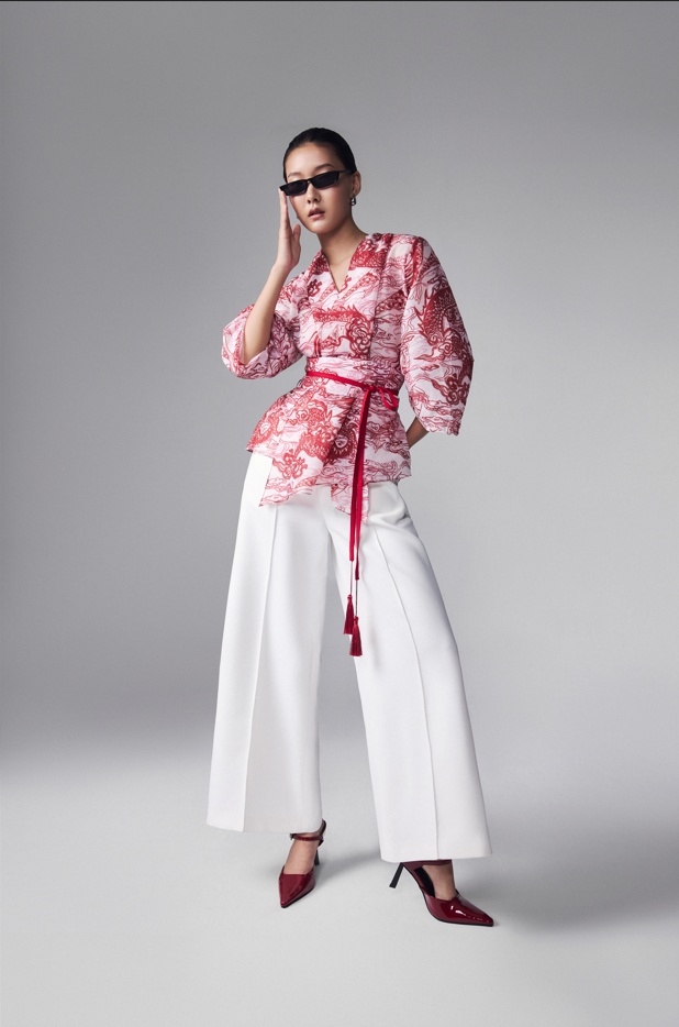 "Vĩ Kimono Top - Black Silk Organza by Keira Tong, traditional red pattern"