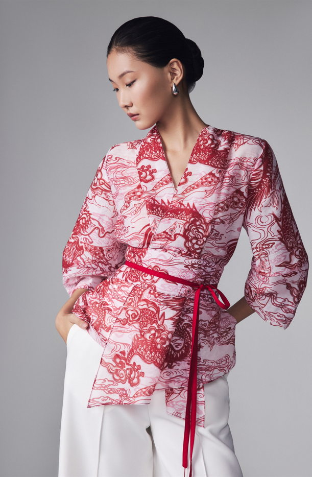 "Vĩ Kimono Top - Silk Organza in Black with Red Traditional Pattern by Keira Tong"