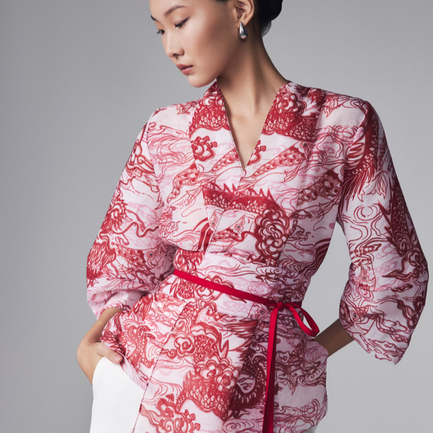 "Vĩ Kimono Top - Silk Organza in Black with Red Traditional Pattern by Keira Tong"
