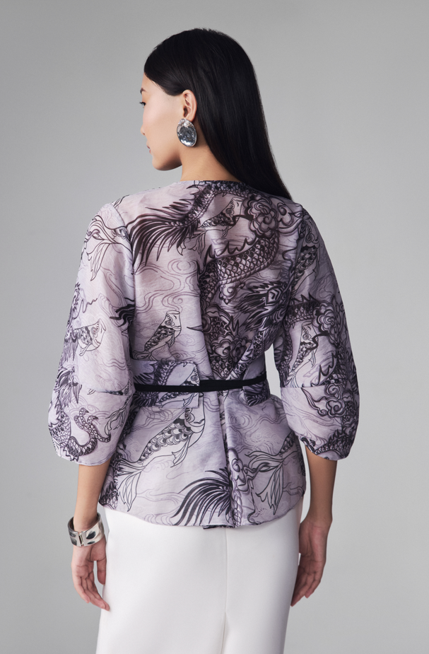 "Vĩ Kimono Top in black silk organza with traditional dragon pattern by Keira Tong"