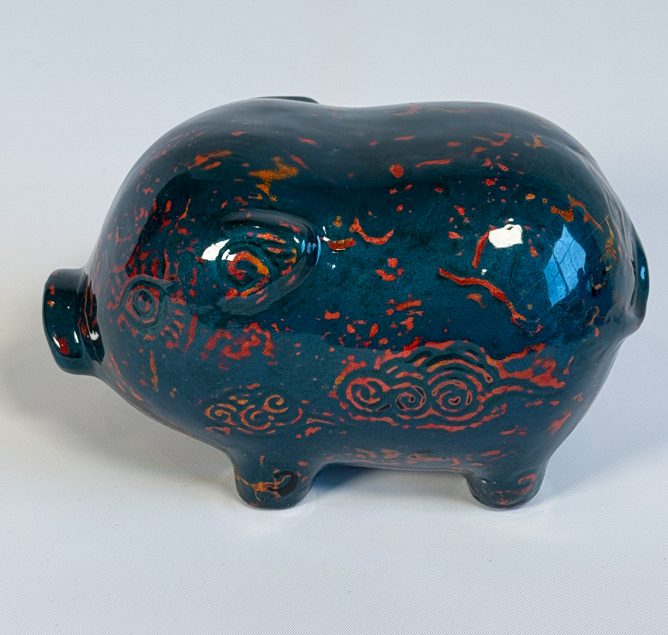 Vietnamese Lacquer - Ceramic Piggy in Lacquer - front view in blue by Lam Phong Pottery