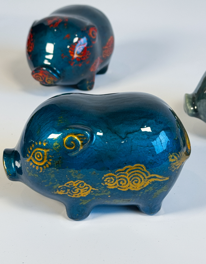 Vietnamese Lacquer - Ceramic Piggy in Lacquer - front view in blue by Lam Phong Pottery