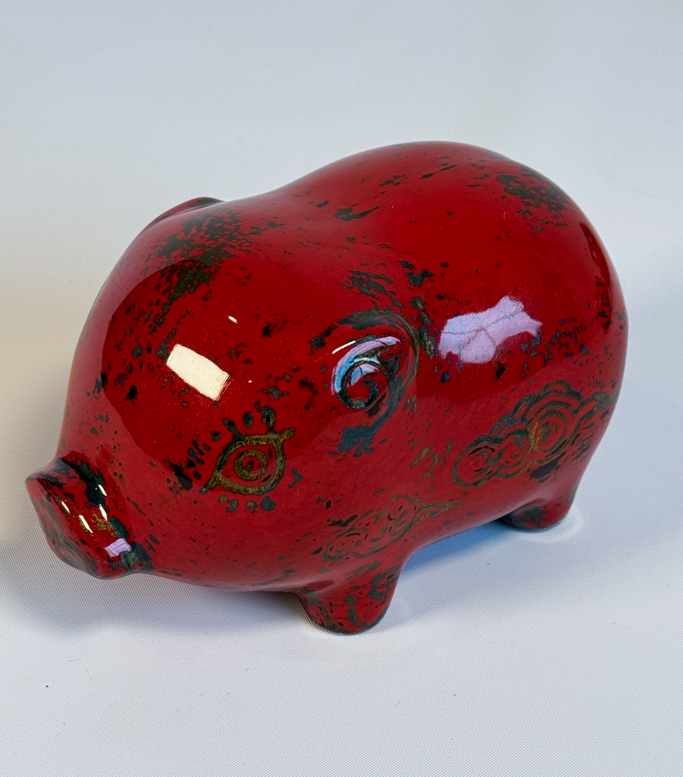 Vietnamese Lacquer - Ceramic Piggy in Lacquer - front view in red by Lam Phong Pottery