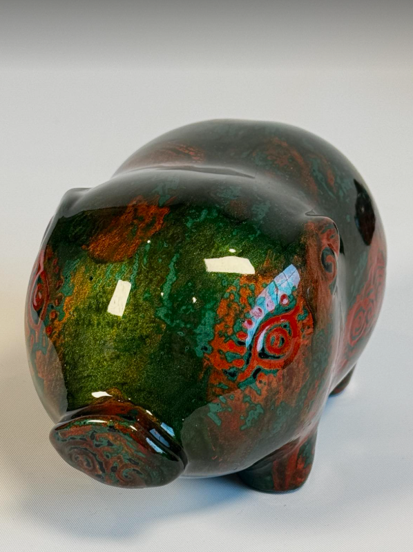 Vietnamese Lacquer - Ceramic Piggy in Lacquer - side profile in green by Lam Phong Pottery