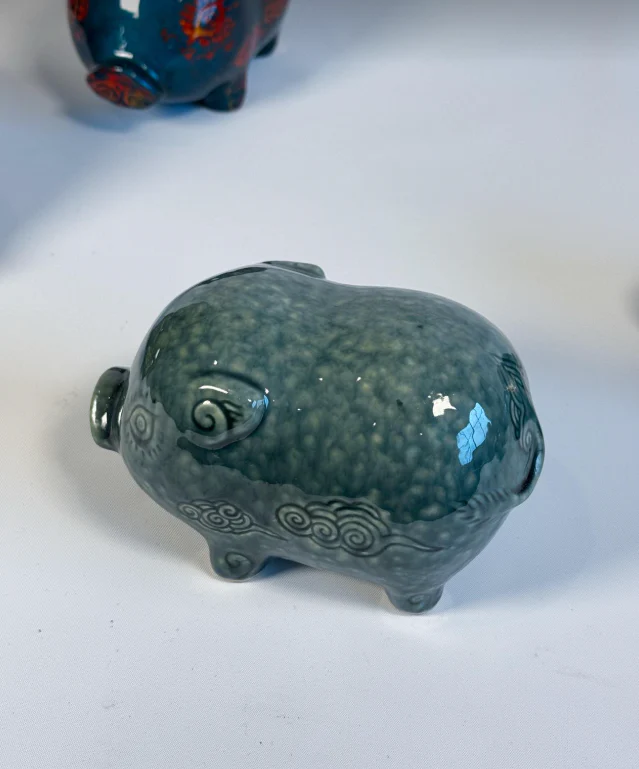 Vietnamese Lacquer - Ceramic Piggy in Lacquer - side profile in teal by Lam Phong Pottery