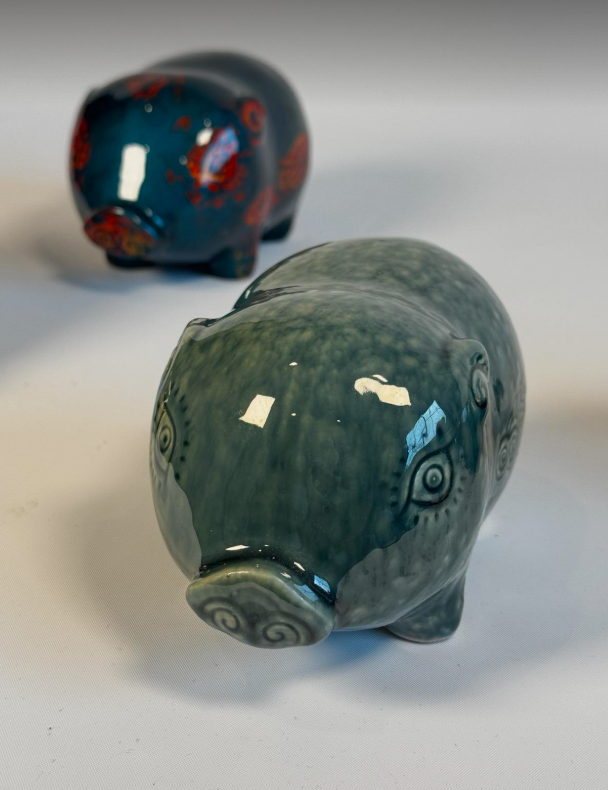Traditional Pattern - Ceramic Piggy in Lacquer - front view in green by Lam Phong Pottery