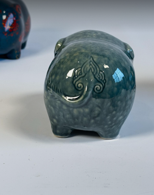 Traditional Pattern - Ceramic Piggy in Lacquer - side profile in teal by Lam Phong Pottery