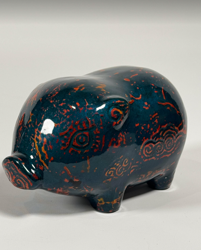 Vietnamese Lacquer - Ceramic Piggy in Lacquer - side profile in blue by Lam Phong Pottery