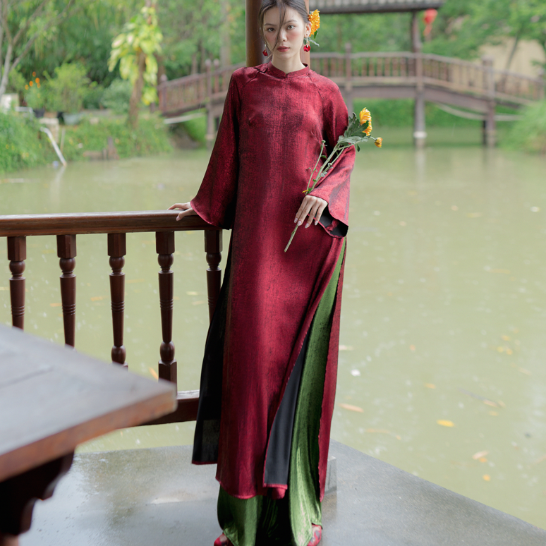 Tich Luu Ao Dai Set in Metallic Pomegranate Red with Dark Moss Pants [Modern cut] - styled presentation by Moc