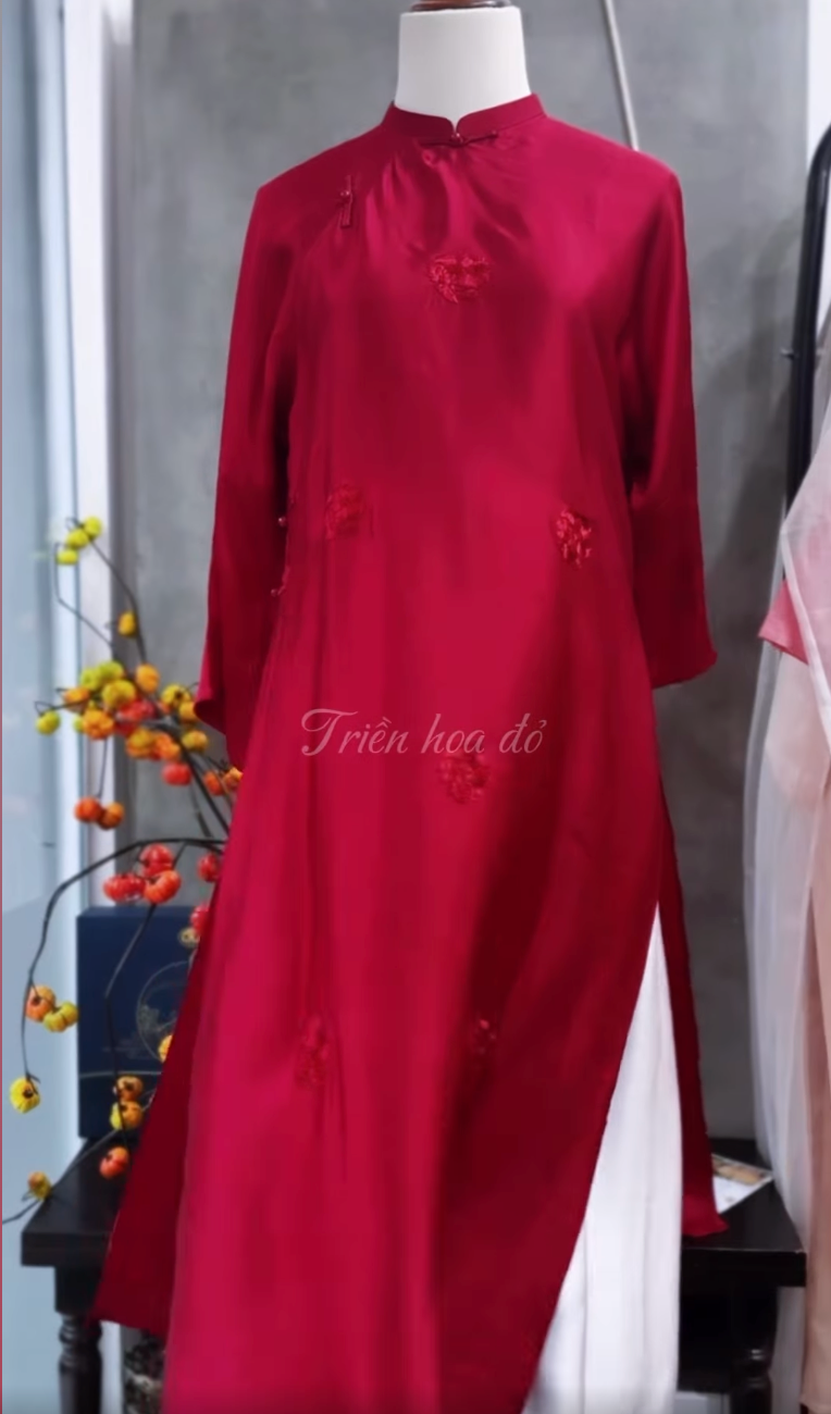 A Red Flower Trail Ao-dai Set - Premium Hand-embroidered Wormsilk in Crimson - front view by Moc Nhieu