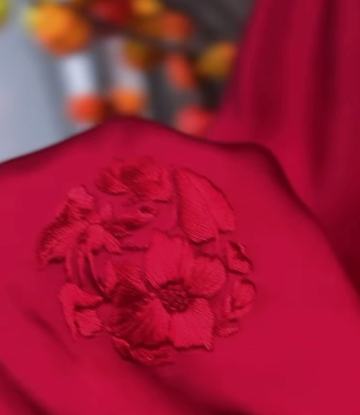 A Red Flower Trail Ao-dai Set - Premium Hand-embroidered Wormsilk in Crimson - detail close-up by Moc Nhieu