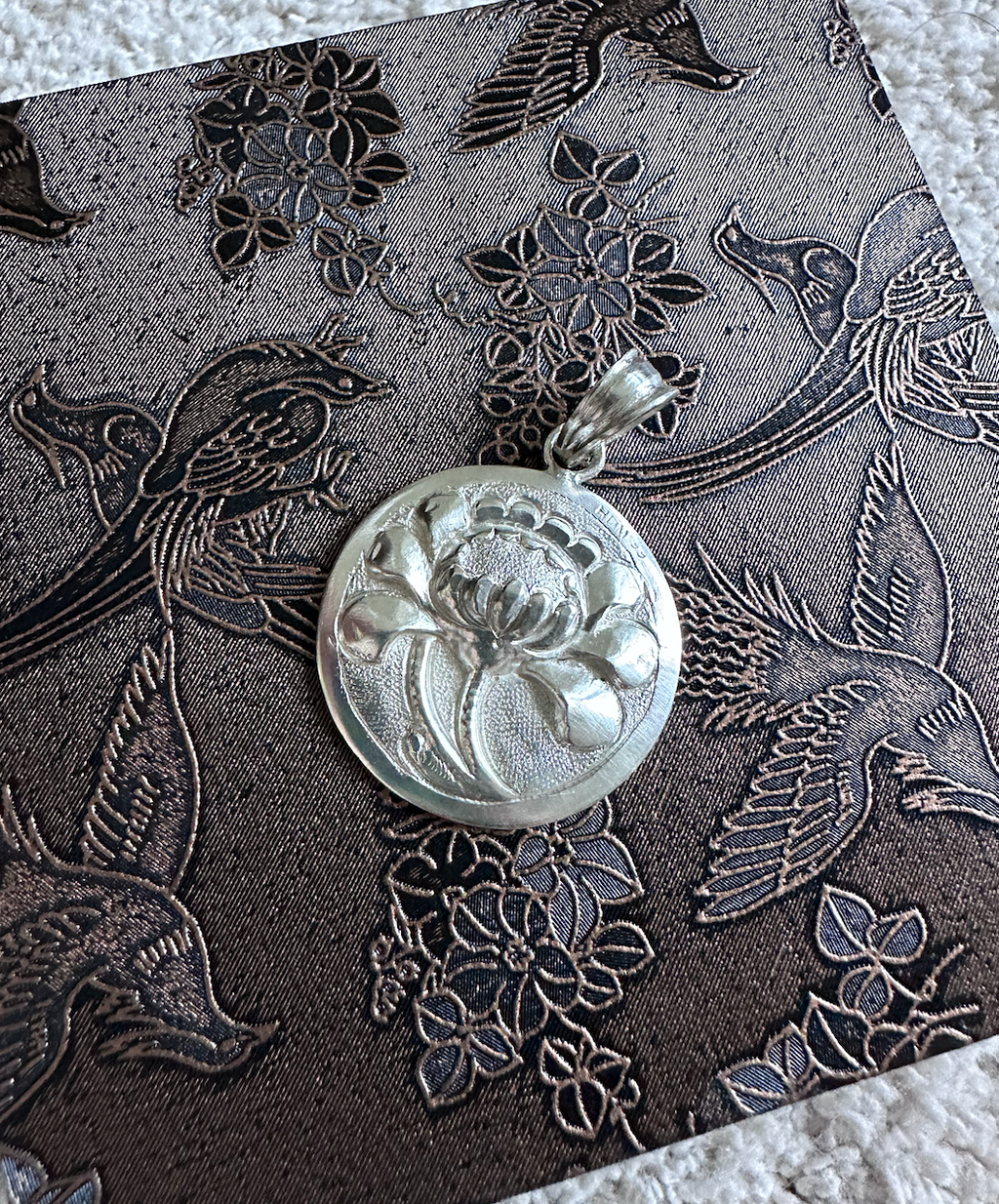 “Silver Lotus” – Hand-Carved 99.9% Fine Silver Pendant by Hi De Maison