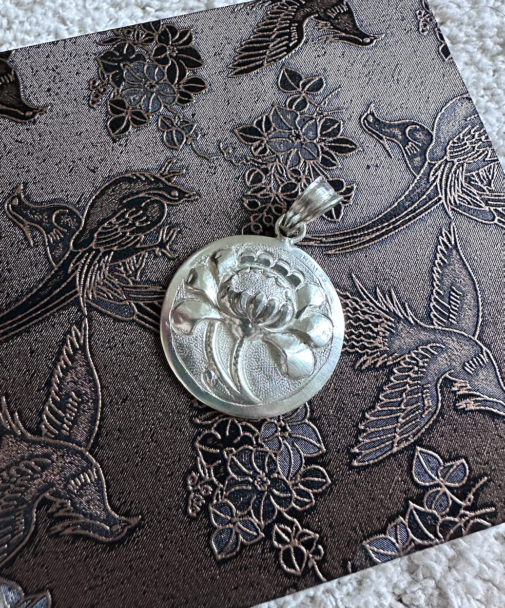 “Silver Lotus” – Hand-Carved 99.9% Fine Silver Pendant by Hi De Maison
