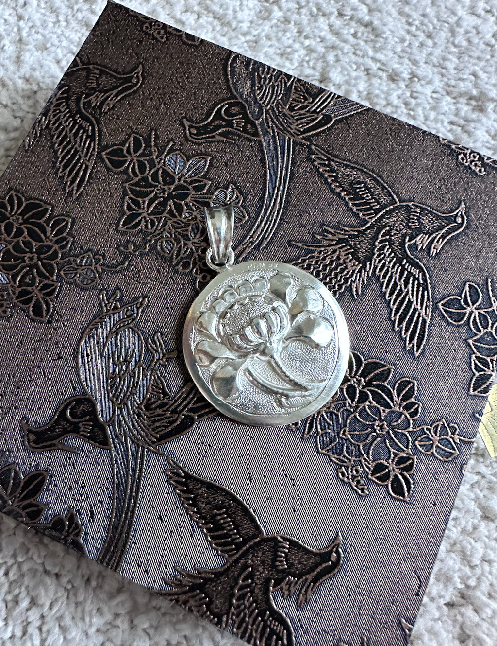 “Silver Lotus” – Hand-Carved 99.9% Fine Silver Pendant by Hi De Maison