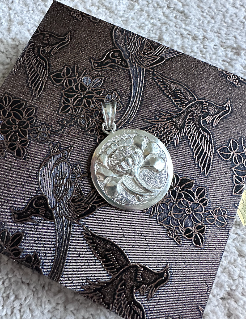 “Silver Lotus” – Hand-Carved 99.9% Fine Silver Pendant by Hi De Maison