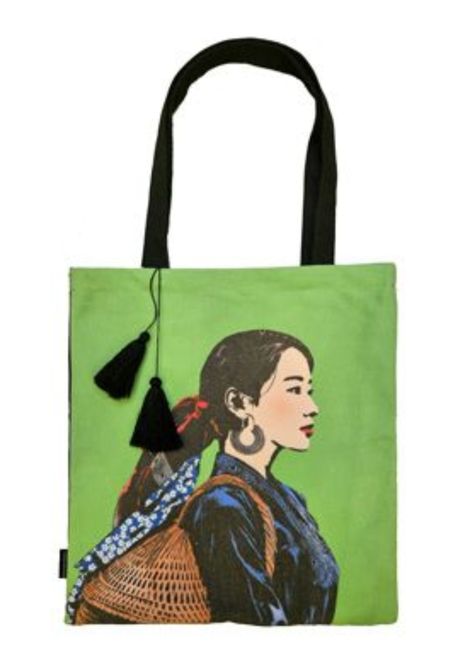 Traditional Motif - “People of the Orient Tote - Miss Xuan (Green) - side profile in cotton in green by Bat-trang
