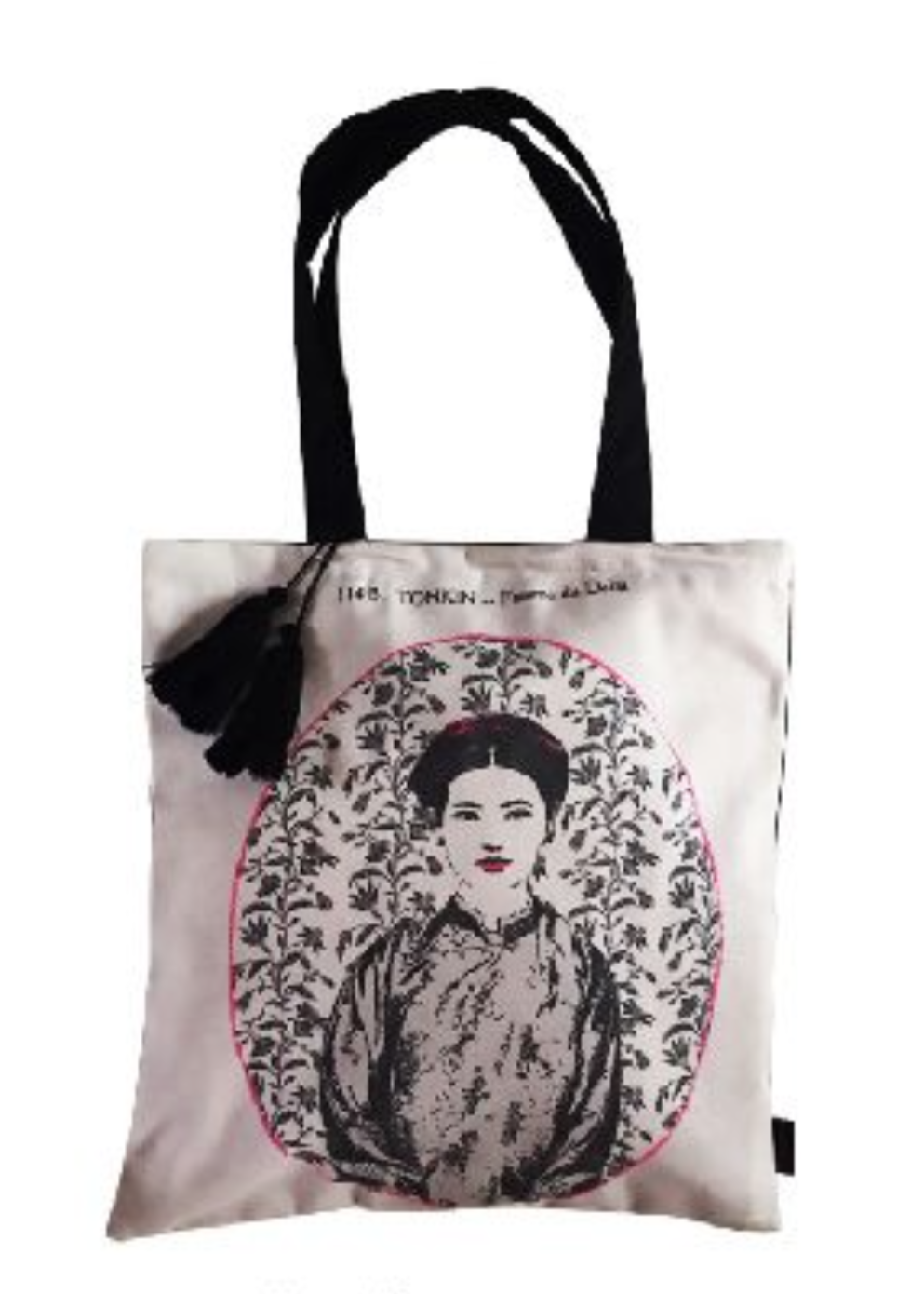 "People of the Orient Tote - Miss Dung design, white cotton with traditional Vietnamese Ao dai print, black and red accents."