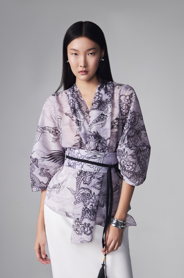 "Vĩ Kimono Top - Black Silk Organza by Keira Tong, traditional and modern patterns"