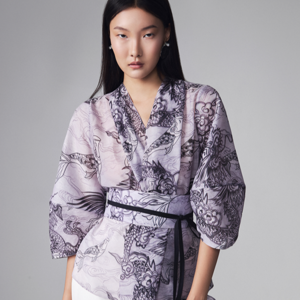"Vĩ Kimono Top - Black Silk Organza by Keira Tong, traditional and modern patterns"