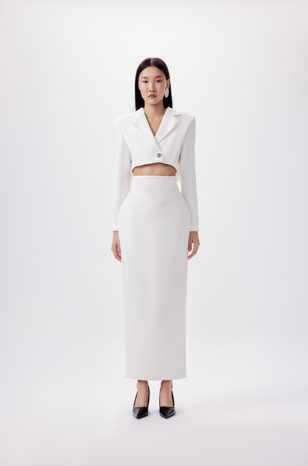 "Corset Pencil Skirt in White by Keira Tong, modern design, sleek fit, elegant fashion."