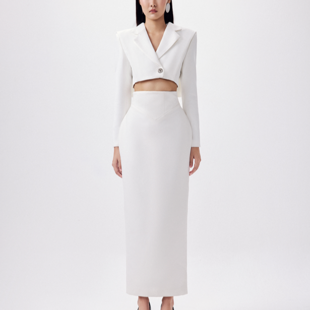 "Corset Pencil Skirt in White by Keira Tong, modern design, sleek fit, elegant fashion."