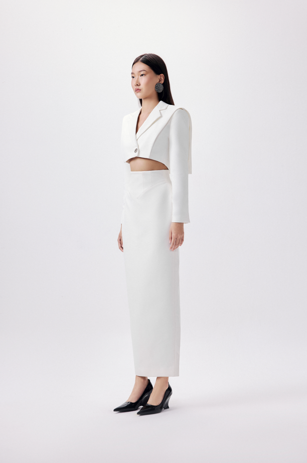 "Corset Pencil Skirt in White by Keira Tong, modern design, elegant white fabric, contemporary style."