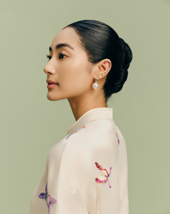 Tú Điệp - Premium Short-sleeve Embroidered Áo Dài Set in Ivory Silk - side profile by Nam Phuong Y